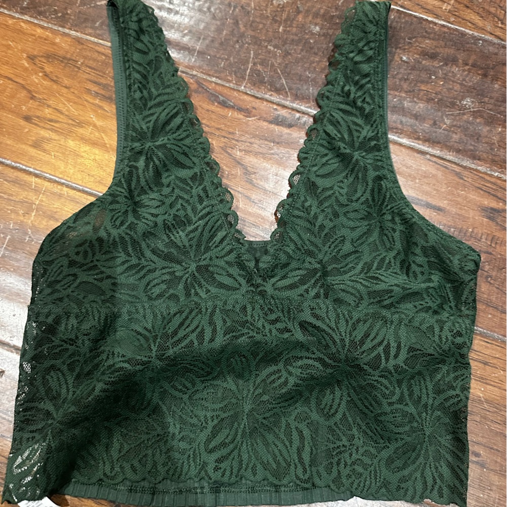 Aerie Women’s Holiday Best Lace Waffle Longline Bralette in a green color. SizeS